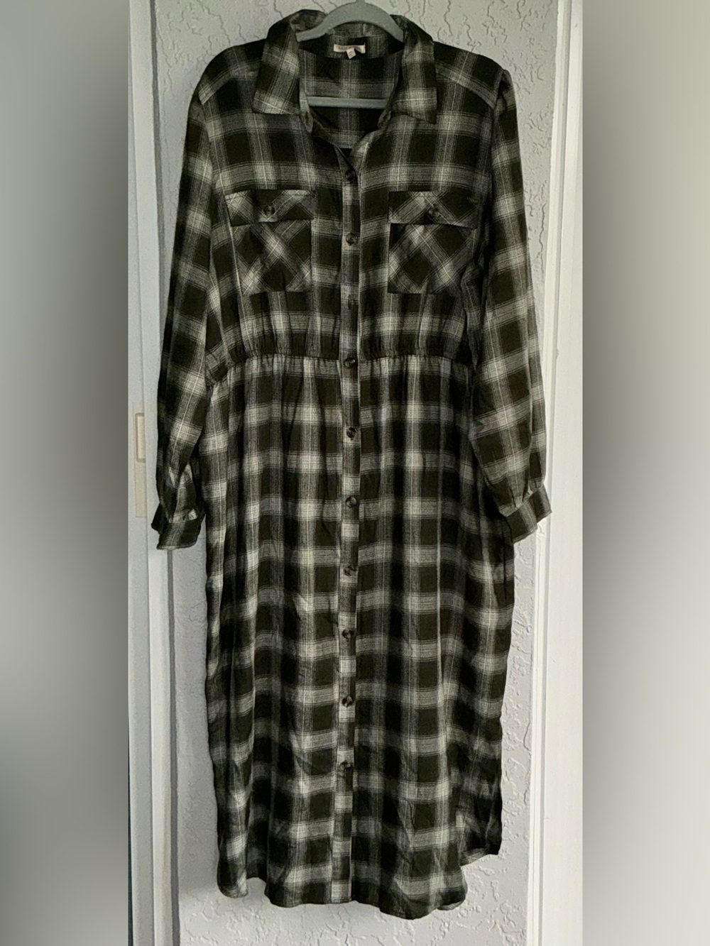 Kate & Sam Plaid Button-Front Shirt Dress in Olive and Cream